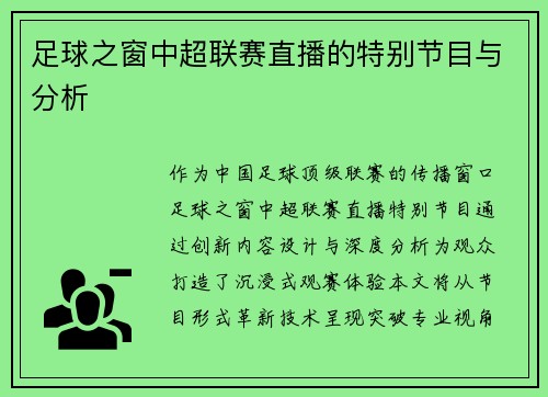 足球之窗中超联赛直播的特别节目与分析